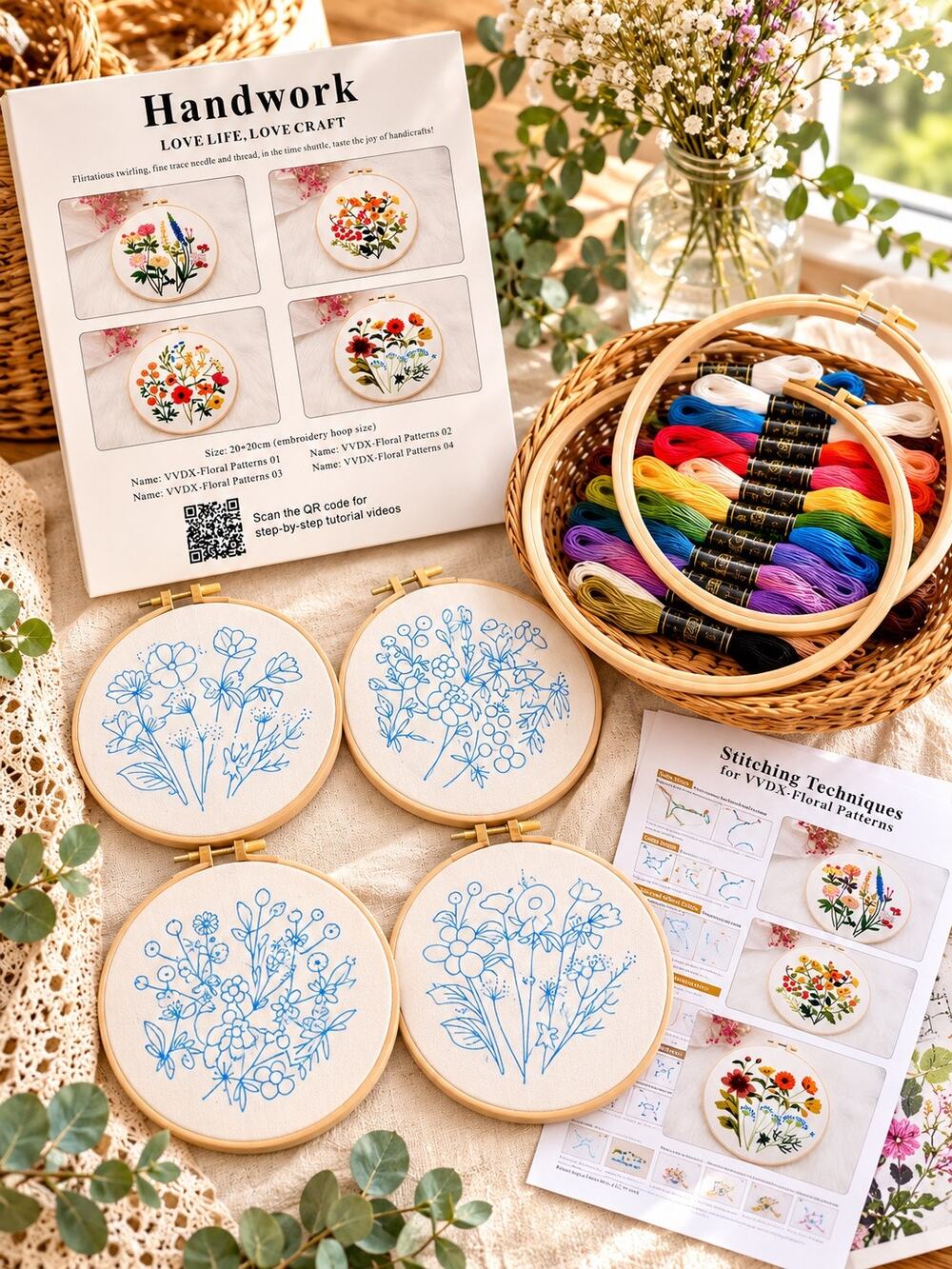 Handwork Floral Embroidery Kit Set of 4 Patterns Hoop Thread DIY Beginner Craft